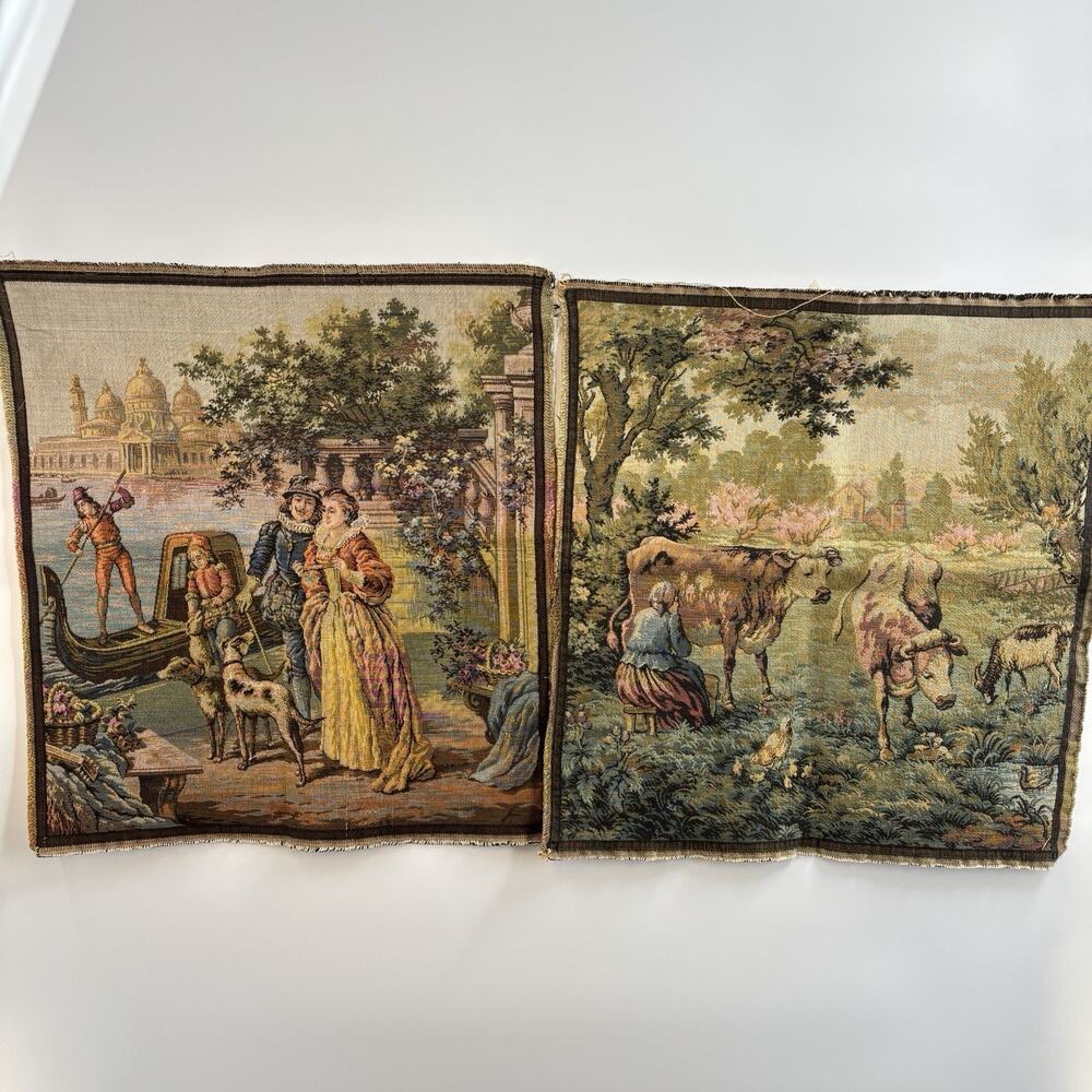 Vtg French Country Tapestry Pillow Covers Lot 2 Unfinished Needlepoint